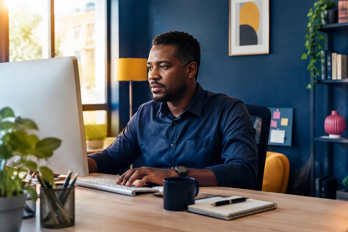 A focused man working at a desktop computer in a warm, modern office