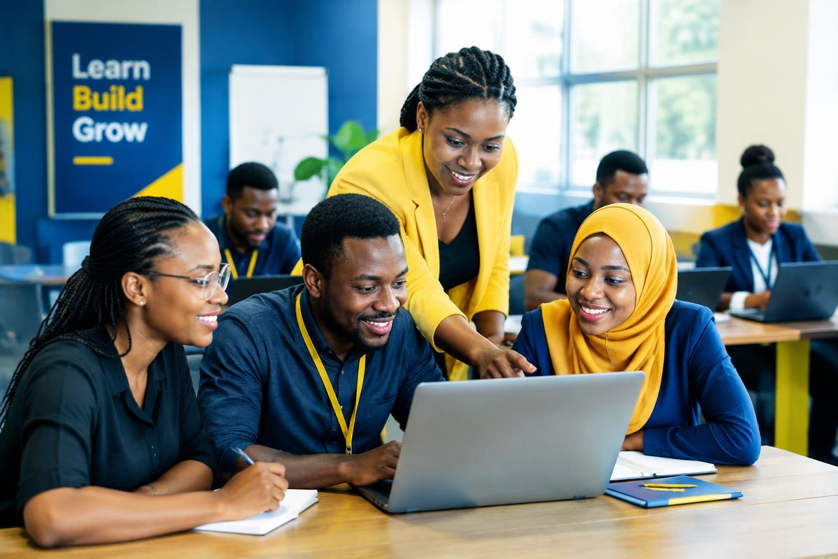 A group of African men and women learning together on laptops in a bright classroom