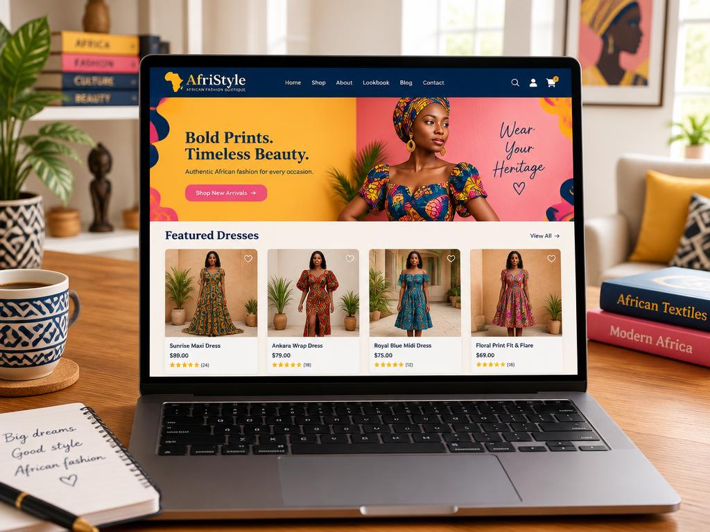 Laptop showing the AfriStyle fashion boutique online store, with African print dresses in a product grid