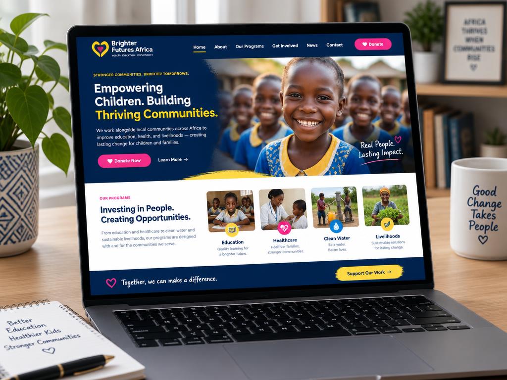 Laptop showing the Brighter Futures Africa NGO website with community programme photos