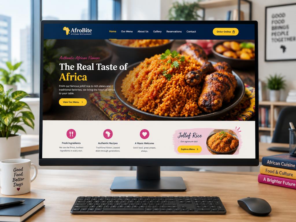 Desktop monitor showing the AfroBite restaurant website with a hero photo of jollof rice